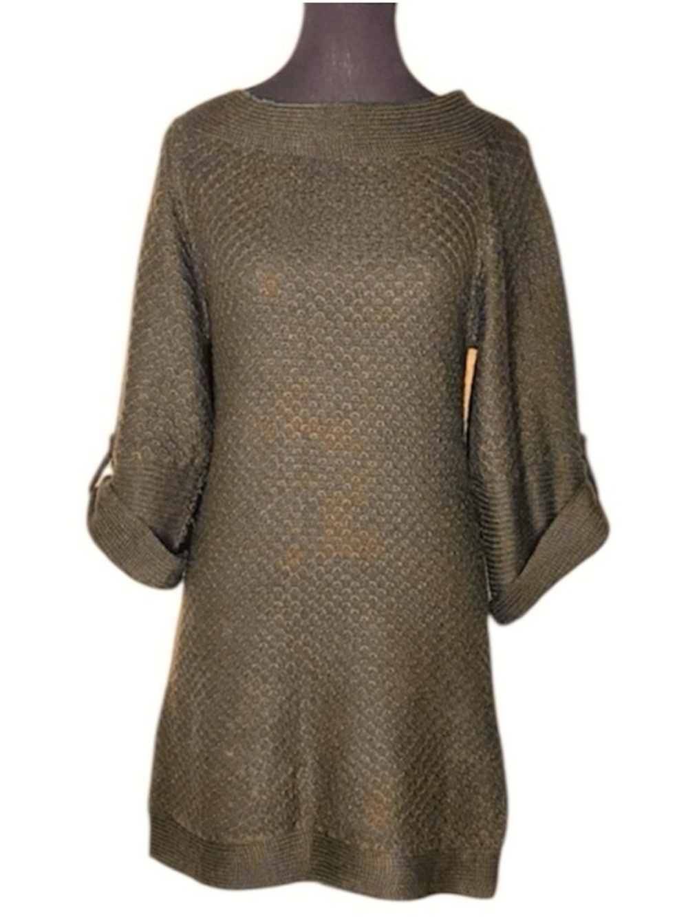 Vintage Wool Knit 60’s Mod Mini Dress Boat Neck Wide Sleeve Dark Brown Sz Small